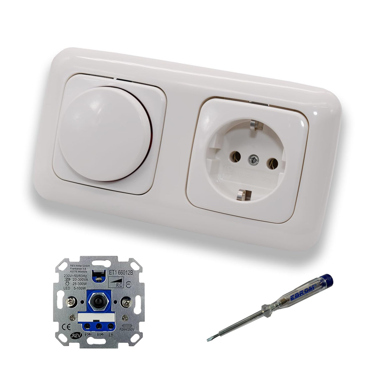 REV Ritter LED Drehdimmer Dimmer + Busch Jäger Dimmerscheibe 2115-214 und Steckdose mit Kinderschutz 20EUCKS-214 in Reflex Si alpinweiß glänzend + EBROM Phasenprüfer zur Montage der Geräte ET1 66012B