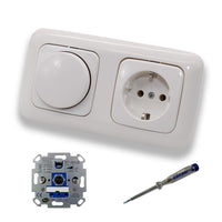 REV Ritter LED Drehdimmer Dimmer + Busch Jäger Dimmerscheibe 2115-214 und Steckdose 20EUC-214 in Reflex Si alpinweiß glänzend inklusive EBROM Phasenprüfer zur Montage der Geräte ET1 66012B