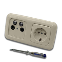 Busch Jäger SET: Unterputz 4-Loch Dose 40-2400 MHz, Enddose Stichdose, Radio/TV/SAT1 & SAT2. Inkl. DURO2000 cremeweiß 2fach Rahmen, Steckdose 20 EUC-212 + EBROM Phasenprüfer zur Montage der Geräte