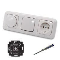 Busch Jäger 6523UR-103 LED Drehdimmer Dimmer + Dimmerscheibe 2115-214 + Taster 2020US + Steckdose 20EUC-214 Reflex Si alpinweiß glänzend + EBROM Phasenprüfer z. Montage der Geräte 6523 UR-103
