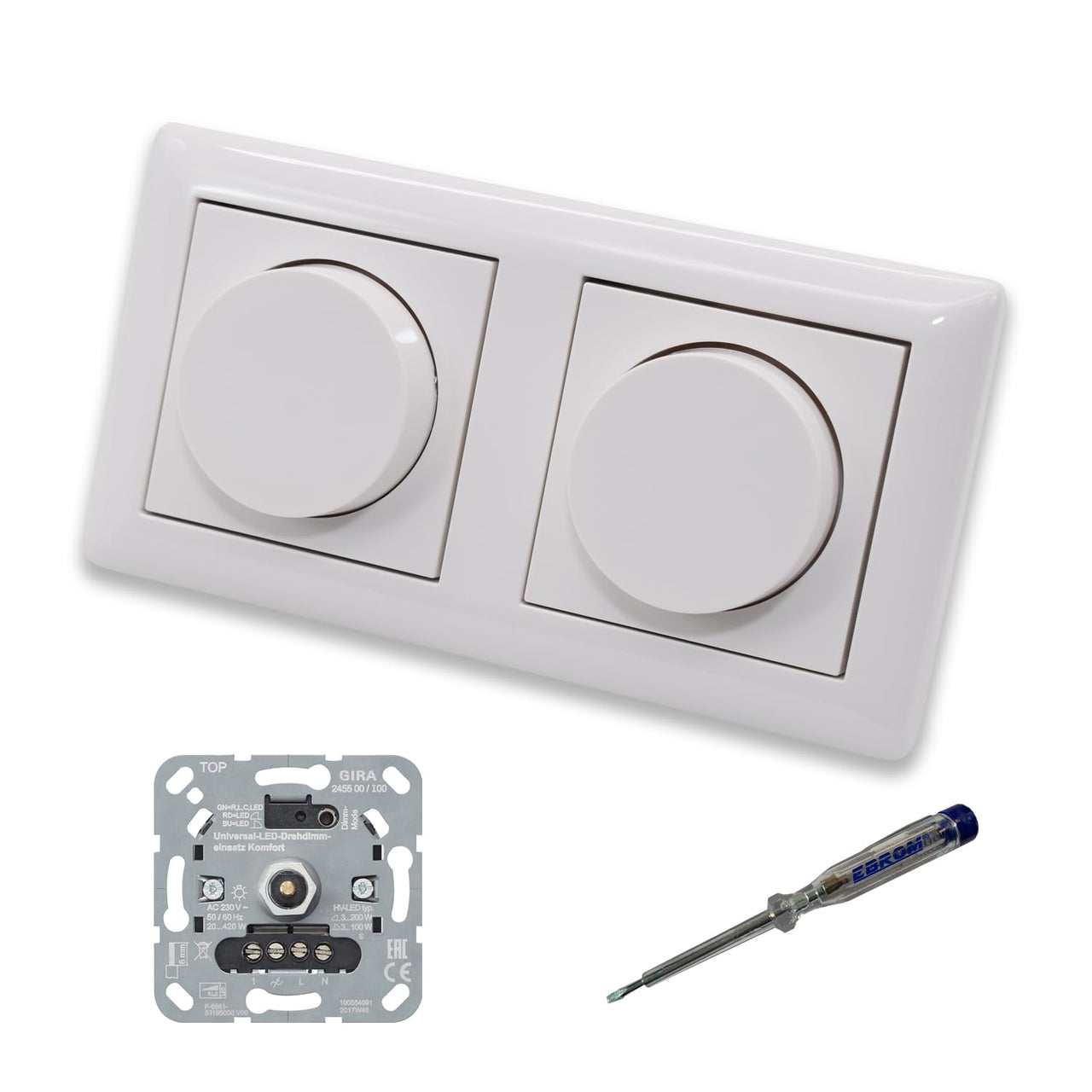 GIRA 245500 (2 Stück) LED Drehdimmer Dimmer + Dimmerscheiben Zentralscheiben 065003 in System55 reinweiß glänzend im 2-fach Rahmen inkl. EBROM Phasenprüfer zur Montage der Geräte