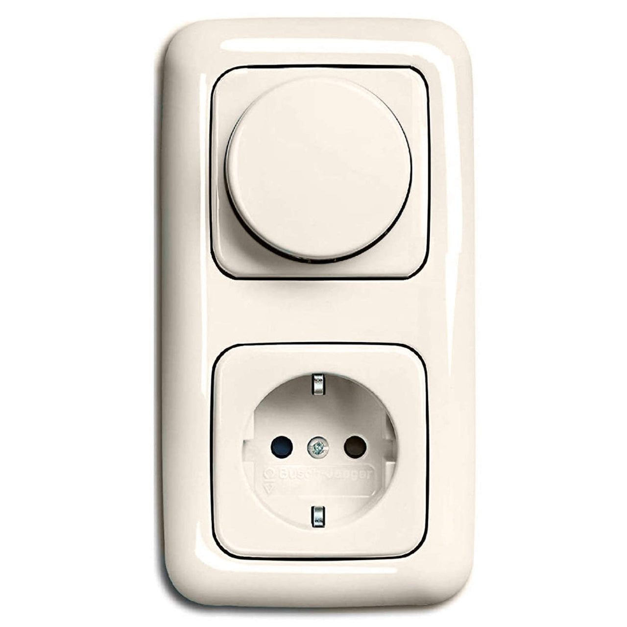 LED Dimmer Komplett-Set BUSCH JÄGER, LED-Drehdimmer -cremeweiß- DURO2000-6523-U 102 (6523 U-102) 2 fach Rahmen inkl. Steckdose mit integriertem erhöhtem Berührungsschutz (Kinderschutz)
