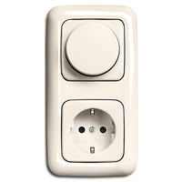 LED Dimmer Komplett-Set BUSCH JÄGER, LED-Drehdimmer -cremeweiß- DURO2000-6523-U 102 (6523 U-102) 2 fach Rahmen inkl. Steckdose mit integriertem erhöhtem Berührungsschutz (Kinderschutz)
