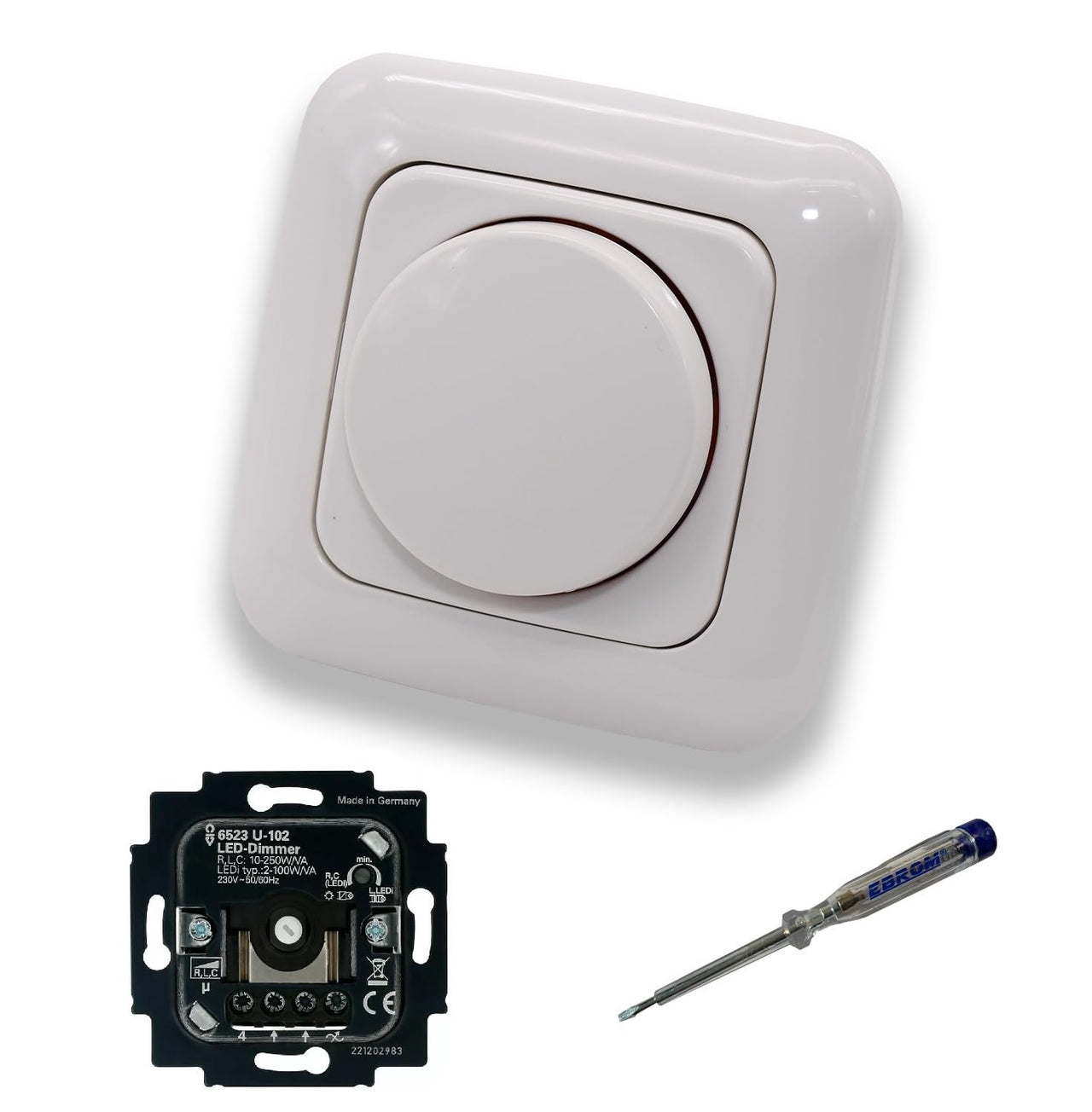 Busch Jäger 6523U-102 LED-Drehdimmer LED-Dimmer mit Dimmerscheibe Zentralplatte 2115-214 Einfachrahmen in Reflex Si alpinweiß glänzend inklusive EBROM Phasenprüfer zur Montage des Dimmers 6523 U – 102