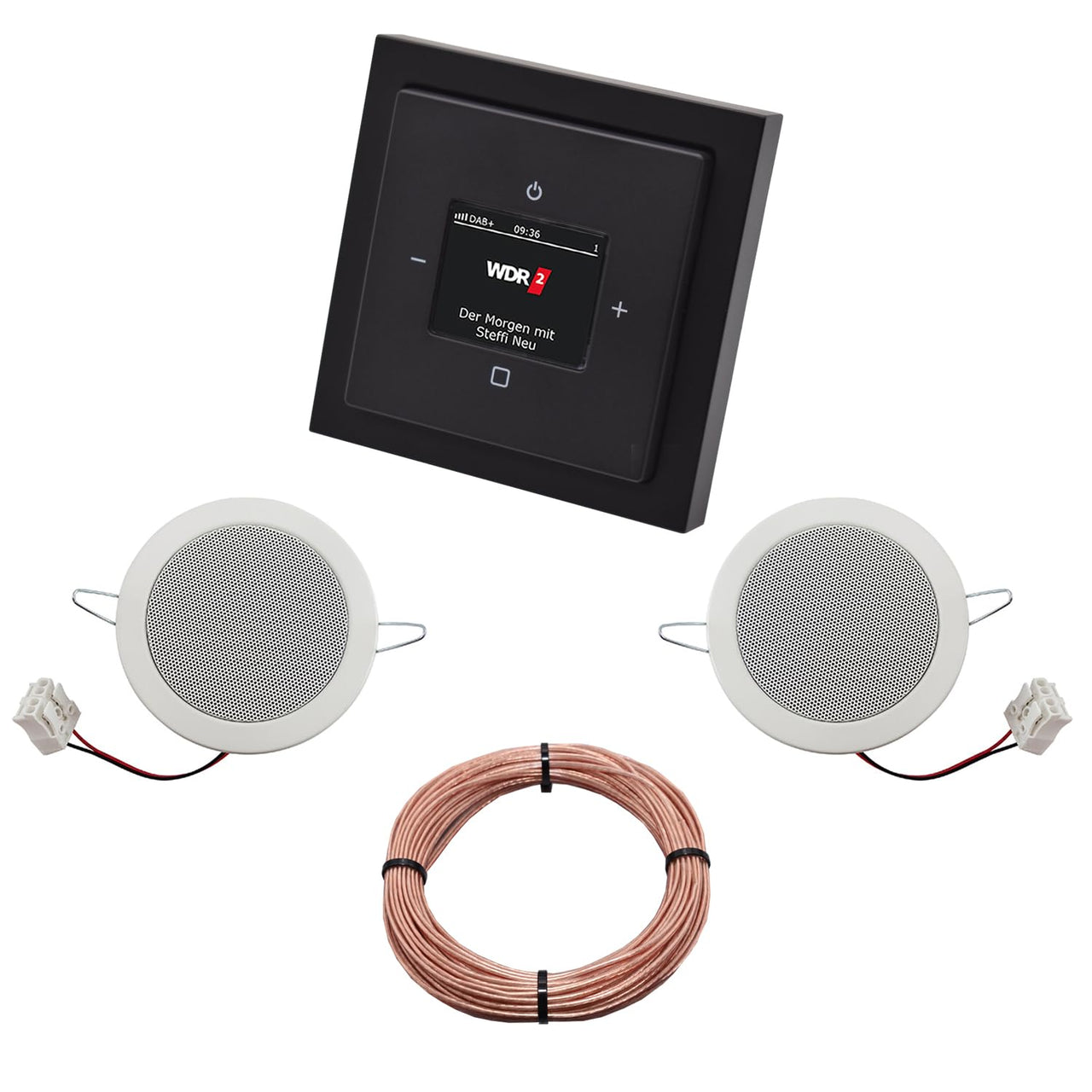 Busch Jäger DAB+ (DAB PLUS) Unterputz Radio 8215U-101 Future SCHWARZ MATT, Komplett-Set mit 2 x Deckenlautsprecher Einbaulautsprecher + 20 m Lautsprecherkabel 2x0,75 mm2 8215 U - 101