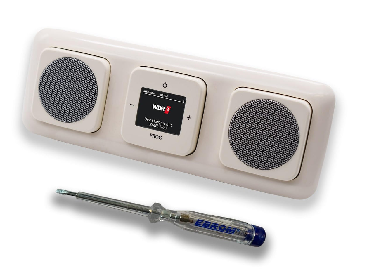 Busch Jäger DAB+ (DAB PLUS) Unterputz Radio 8215U-101 DURO2000 cremeweiß, Komplett-Set mit 2 x Lautsprecher, Abdeckungen, Rahmen + EBROM Phasenprüfer zur Montage der Geräte - 8215 U – 101