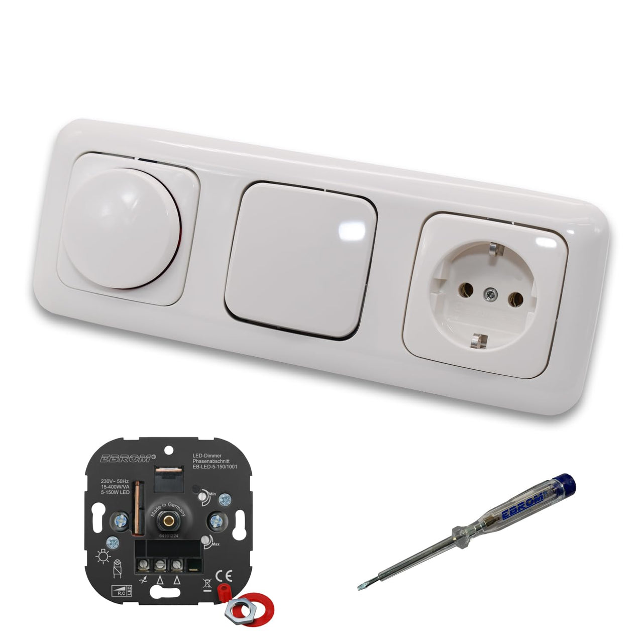 EBROM 1001 LED Drehdimmer Dimmer + Busch Jäger Dimmerscheibe 2115-214 + Lichtschalter 2000/6US + Steckdose 20EUC-214 Reflex Si alpinweiß glänzend + EBROM Phasenprüfer z. Montage der Geräte