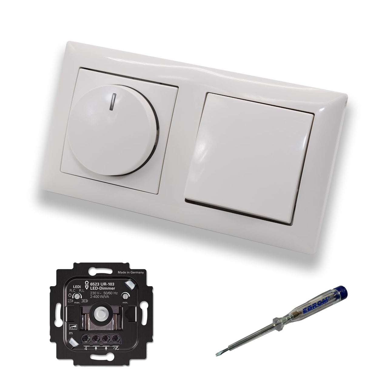 Busch Jäger 6523UR-103 LED Drehdimmer Dimmer + Dimmerscheibe 2115-914 und Lichtschalter 2000/6 US in Balance Si alpinweiß glänzend inklusive EBROM Phasenprüfer zur Montage der Geräte 6523 UR-103