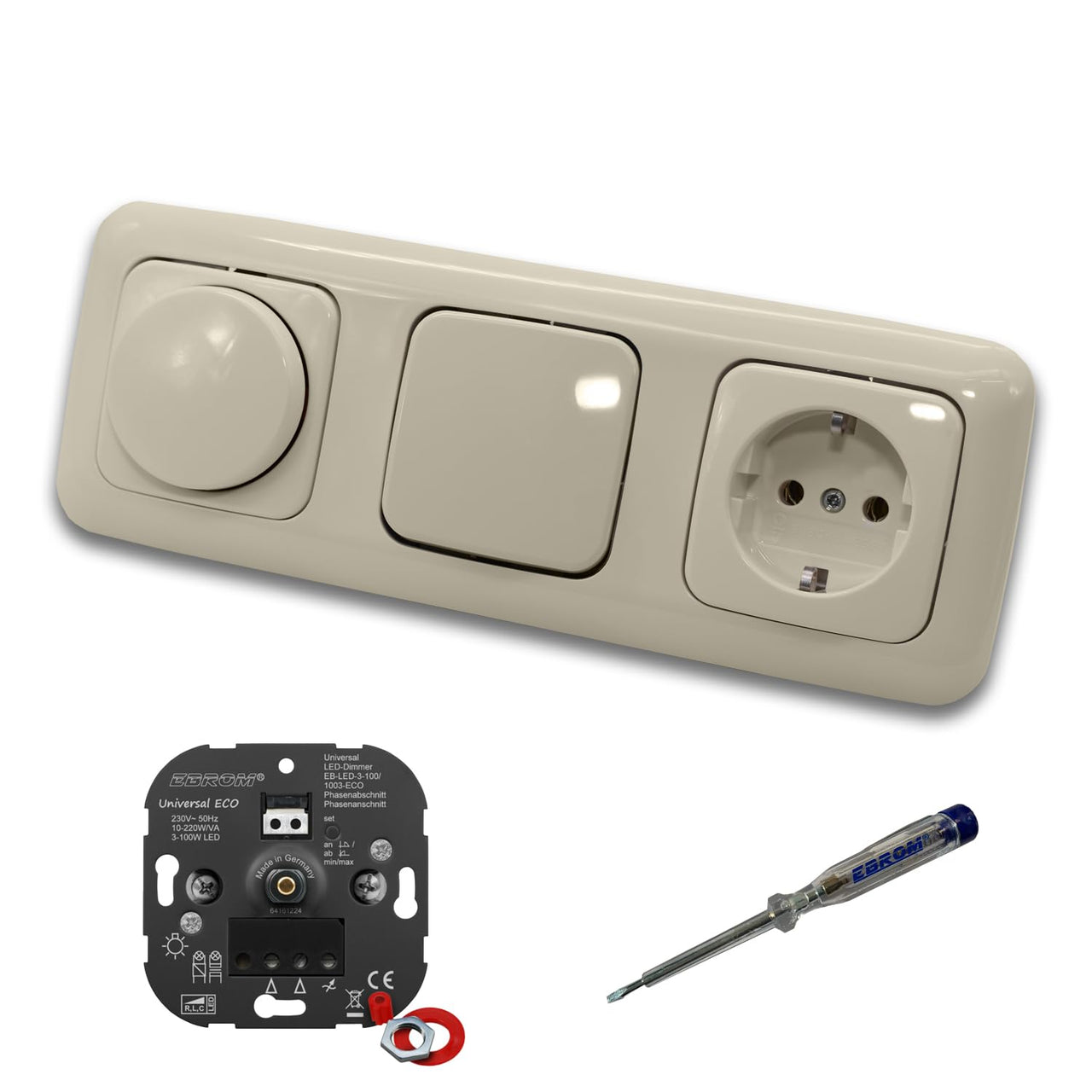 EBROM 1003 Universal ECO LED Drehdimmer Dimmer + Busch Jäger Scheibe 2115-212 + Lichtschalter 2000/6 US + Steckdose Kinderschutz 20EUCKS-212 DURO2000 cremeweiß + EBROM Phasenprüfer z. Montage d.Geräte