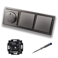 Busch Jäger 6523U-102 LED Drehdimmer Dimmer + Dimmerscheibe 6540-866-102 und 2 x Lichttaster 2020 US in PUR Edelstahl inklusive EBROM Phasenprüfer zur Montage der Geräte 6523 U – 102