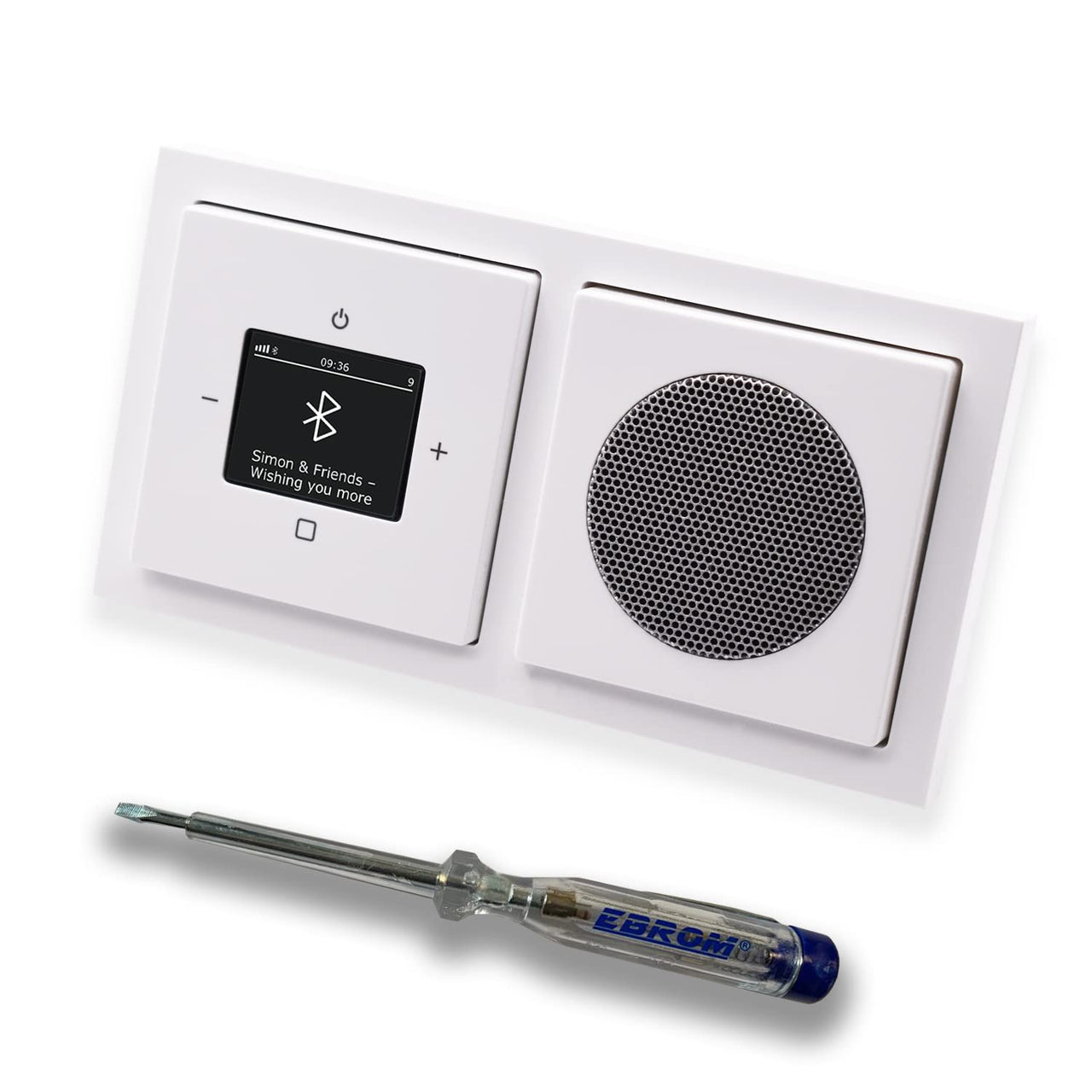 Busch Jäger DAB+ Unterputz Bluetooth (in and out) Radio 8217U-101 Future Linear Studioweiß, Komplett-Set mit Lautsprecher, Abdeckungen, Rahmen + EBROM Phasenprüfer zur Montage d. Geräte - 8217 U – 101