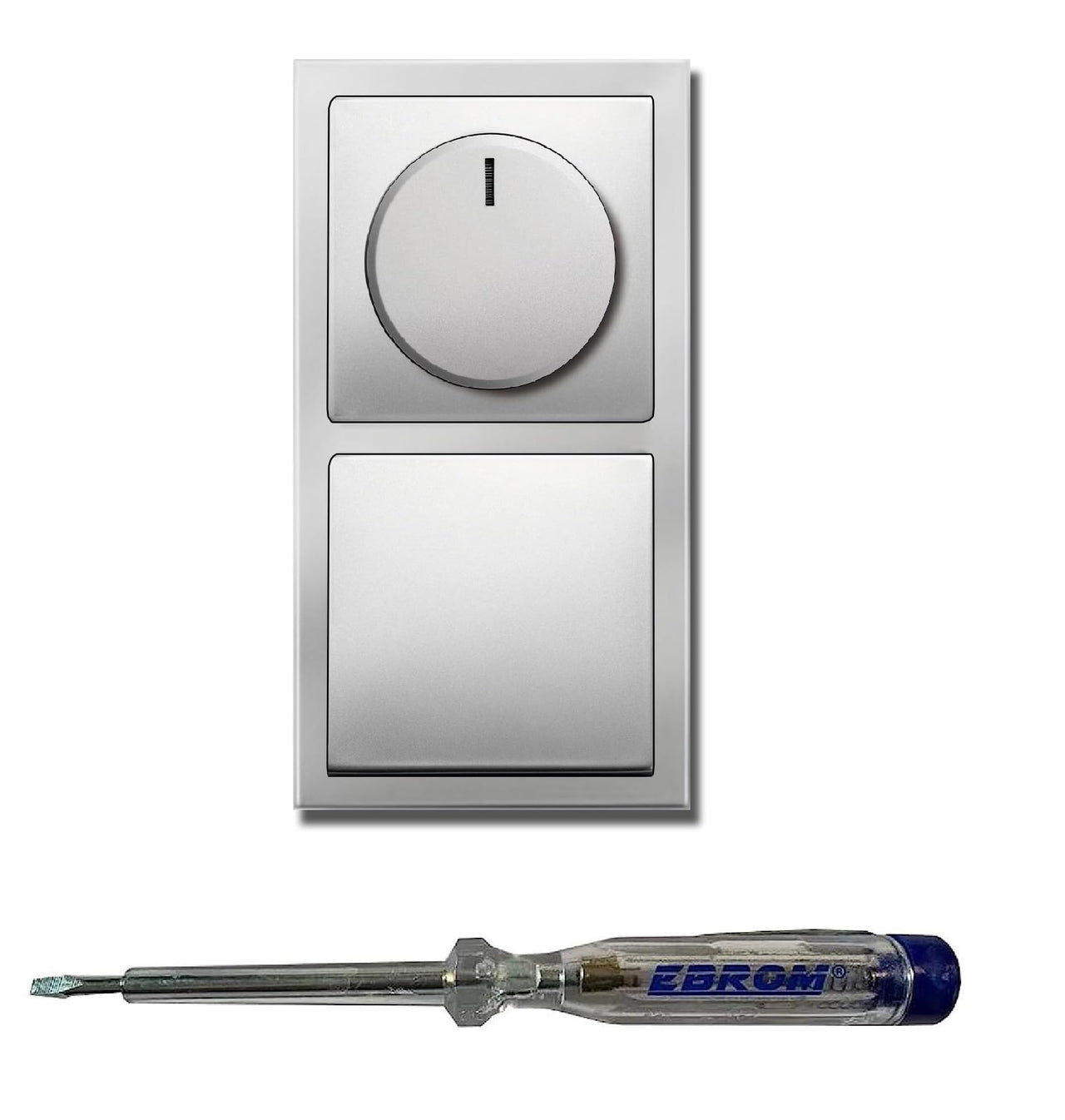 Busch Jäger 6523U-102 LED Drehdimmer Dimmer + Dimmerscheibe 6540-866-102 und Kreuzschalter 2000/7 US und 1786-866 in PUR EDELSTAHL inklusive EBROM Phasenprüfer zur Montage der Geräte (6523 U – 102)