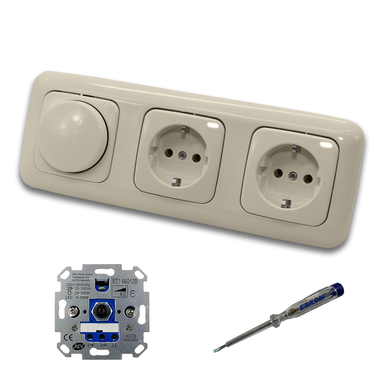 REV Ritter LED Drehdimmer Dimmer + Busch Jäger Dimmerscheibe 2115-212 und 2 x Steckdose 20EUC-212 in DURO2000 cremeweiß glänzend inklusive EBROM Phasenprüfer zur Montage der Geräte ET1 66012B