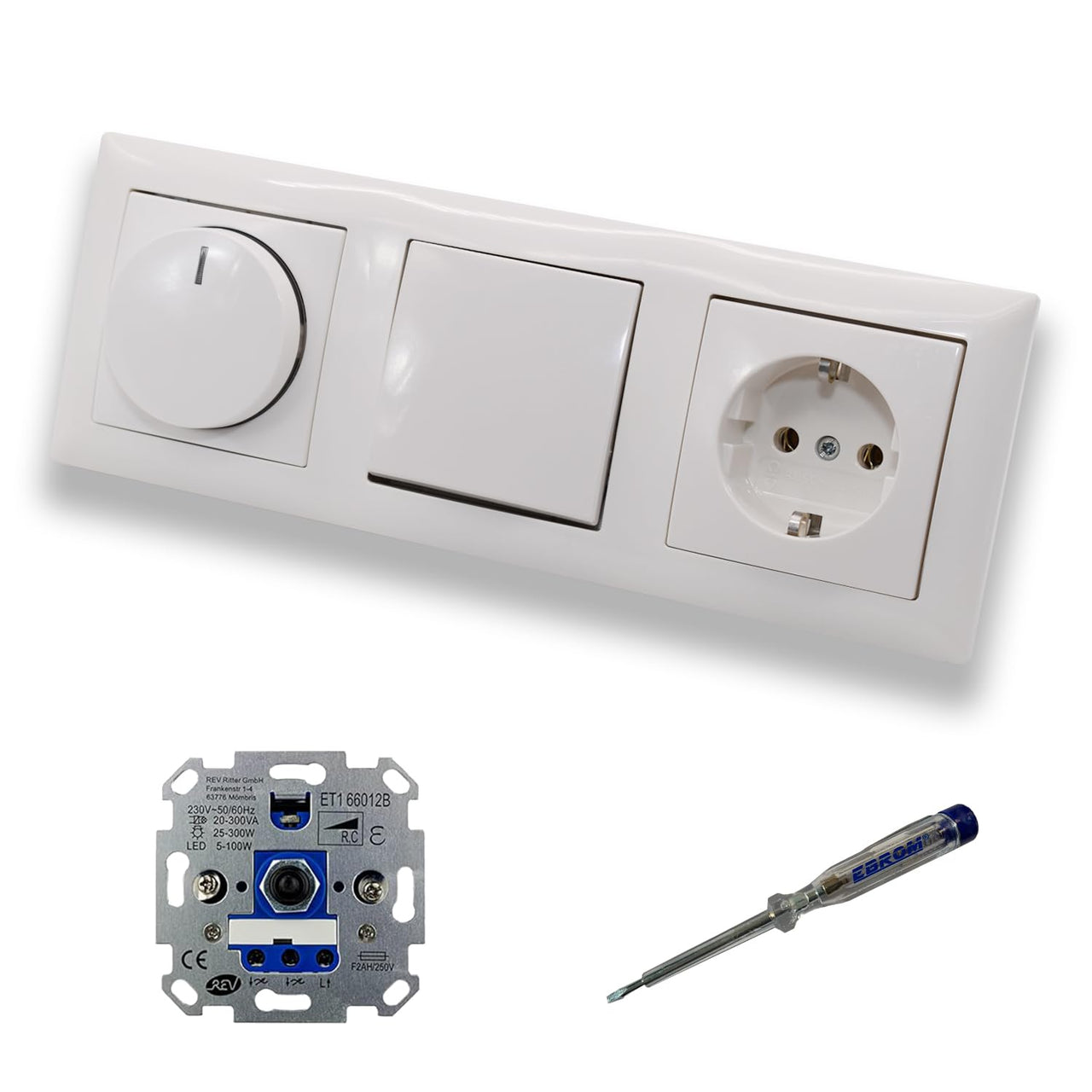 REV Ritter LED Drehdimmer Dimmer + Busch Jäger Dimmerscheibe 2115-914 + Taster 2020US + Steckdose 20EUC-914 Balance Si alpinweiß glänzend + EBROM Phasenprüfer z. Montage der Geräte ET1 66012B