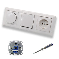 REV Ritter LED Drehdimmer Dimmer + Busch Jäger Dimmerscheibe 2115-914 + Lichtschalter 2000/6US + Steckdose Kinderschutz 20EUCKS-914 Balance Si alpinweiß + EBROM Phasenprüfer z. Montage d. Geräte