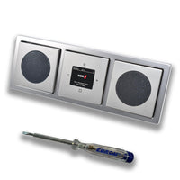 Busch Jäger DAB+ (DAB PLUS) Unterputz Radio 8215U-101 PUR Edelstahl, Komplett-Set mit 2 x Lautsprecher, Abdeckungen und Rahmen + EBROM Phasenprüfer zur Montage der Geräte - 8215 U – 101