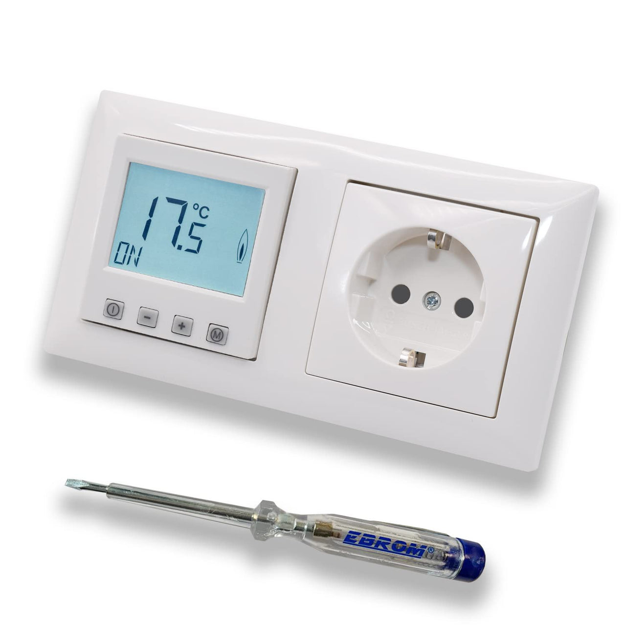 Halmburger Raumthermostat Raumtemperaturregler ERD-55rg DIGITAL in Busch Jäger Balance SI alpinweiß 2f Rahmen + Steckdose mit Berührungsschutz 20 EUCKS-914 + EBROM Phasenprüfer zur Montage der Geräte