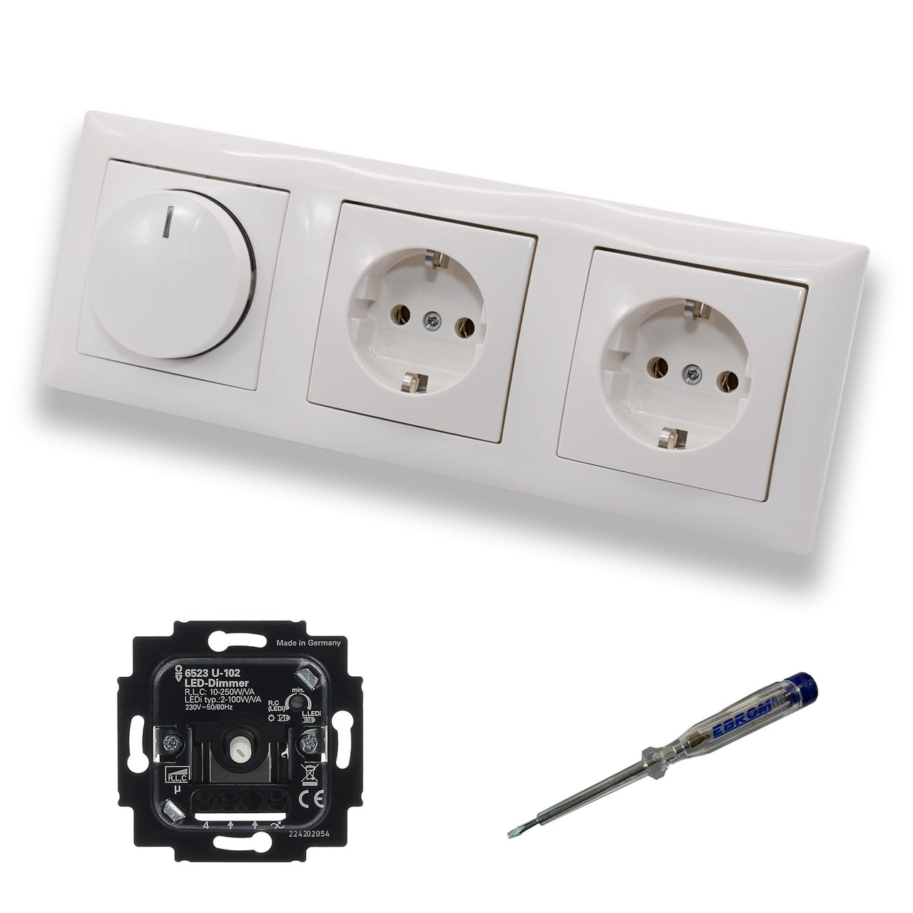 Busch Jäger 6523U-102 LED Drehdimmer Dimmer + Dimmerscheibe 2115-914 und 2 x Steckdose 20EUC-914 in Balance Si alpinweiß glänzend inklusive EBROM Phasenprüfer zur Montage der Geräte 6523 U – 102