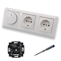 Busch Jäger 6523U-102 LED Drehdimmer Dimmer + Scheibe 2115-914 und 2 x Steckdose mit Kinderschutz 20EUCKS-914 in Balance Si alpinweiß glänzend + EBROM Phasenprüfer z. Montage der Geräte 6523 U – 102