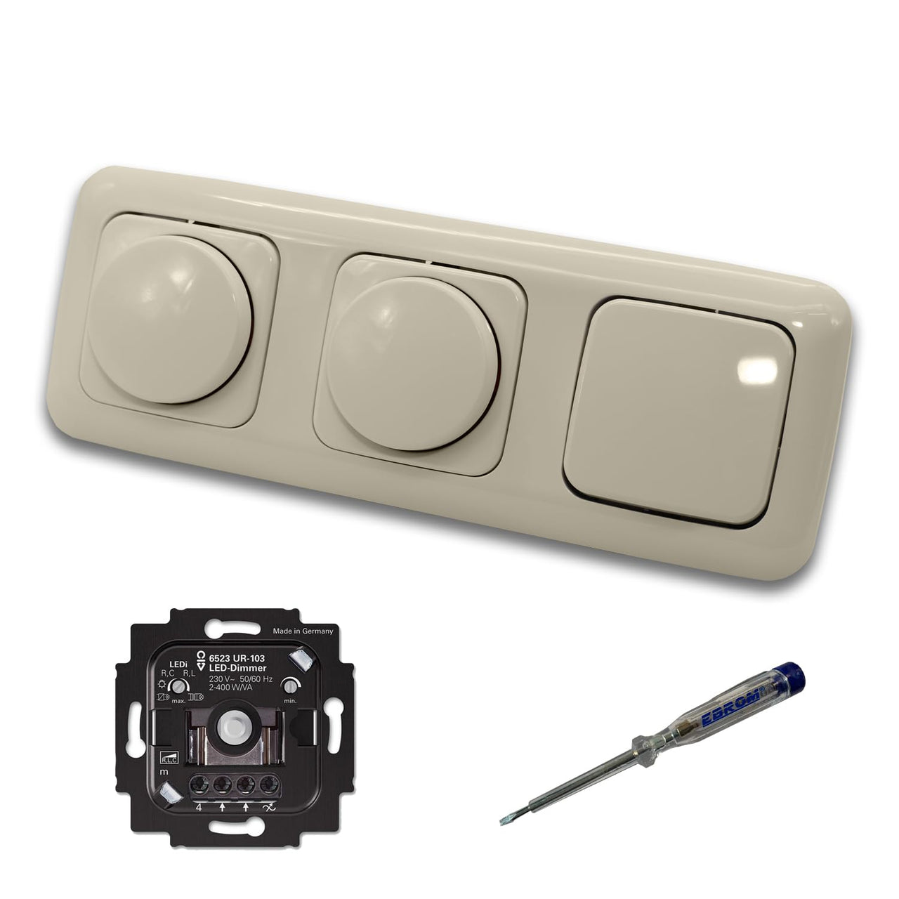 Busch Jäger 6523UR-103 (2 x) LED Drehdimmer Dimmer + Dimmerscheiben 2115-212 und Lichttaster 2020 US in DURO2000 cremeweiß glänzend inklusive EBROM Phasenprüfer zur Montage der Geräte 6523 UR-103