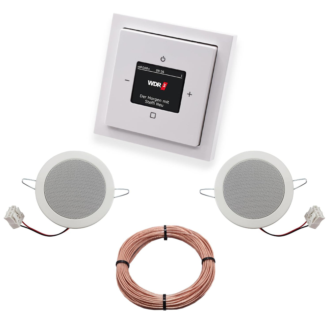 Busch Jäger DAB+ (DAB PLUS) Unterputz Radio 8215U-101 Future Linear Studioweiß, Komplett-Set mit 2 x Deckenlautsprecher Einbaulautsprecher + 20 m Lautsprecherkabel 2x0,75 mm2 8215 U - 101