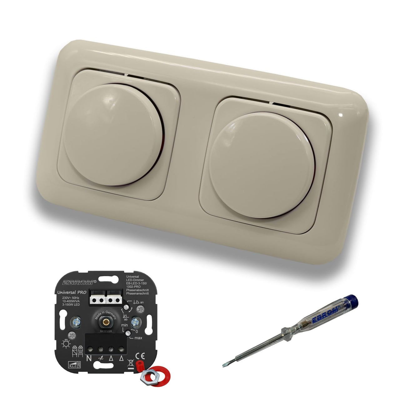 EBROM 1002 Universal PRO (2 Stück) LED Drehdimmer Dimmer + Busch Jäger Dimmerscheiben 2115-212 in DURO2000 cremeweiß glänzend im 2-fach Rahmen inkl. EBROM Phasenprüfer zur Montage der Geräte