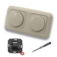 EBROM 1002 Universal PRO (2 Stück) LED Drehdimmer Dimmer + Busch Jäger Dimmerscheiben 2115-212 in DURO2000 cremeweiß glänzend im 2-fach Rahmen inkl. EBROM Phasenprüfer zur Montage der Geräte