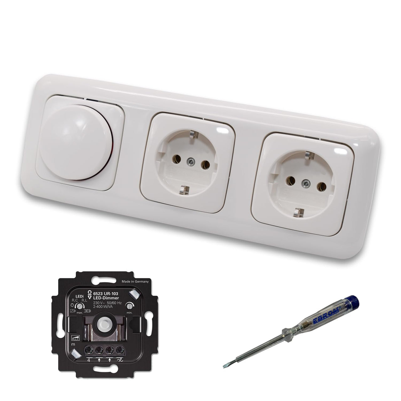 Busch Jäger 6523UR-103 LED Drehdimmer Dimmer + Scheibe 2115-214 und 2 x Steckdose mit Kinderschutz 20EUCKS-214 in Reflex Si alpinweiß glänzend + EBROM Phasenprüfer z. Montage der Geräte 6523 UR-103