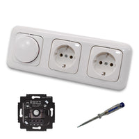 Busch Jäger 6523UR-103 LED Drehdimmer Dimmer + Scheibe 2115-214 und 2 x Steckdose mit Kinderschutz 20EUCKS-214 in Reflex Si alpinweiß glänzend + EBROM Phasenprüfer z. Montage der Geräte 6523 UR-103