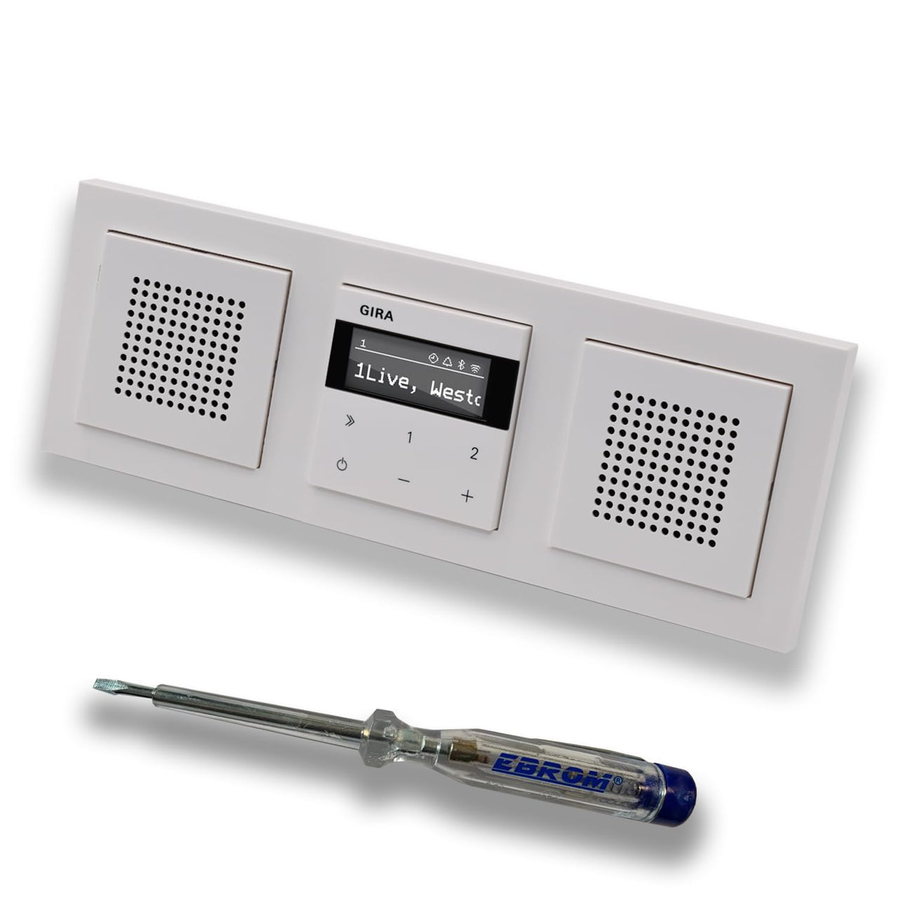 Gira Unterputz IP Internetradio 232003 + Bluetooth Komplett-Set mit 2 x Lautsprecher - E2 reinweiß glänzend mit 3fach Rahmen Gira 021329 inkl. EBROM Phasenprüfer zur Montage der Geräte