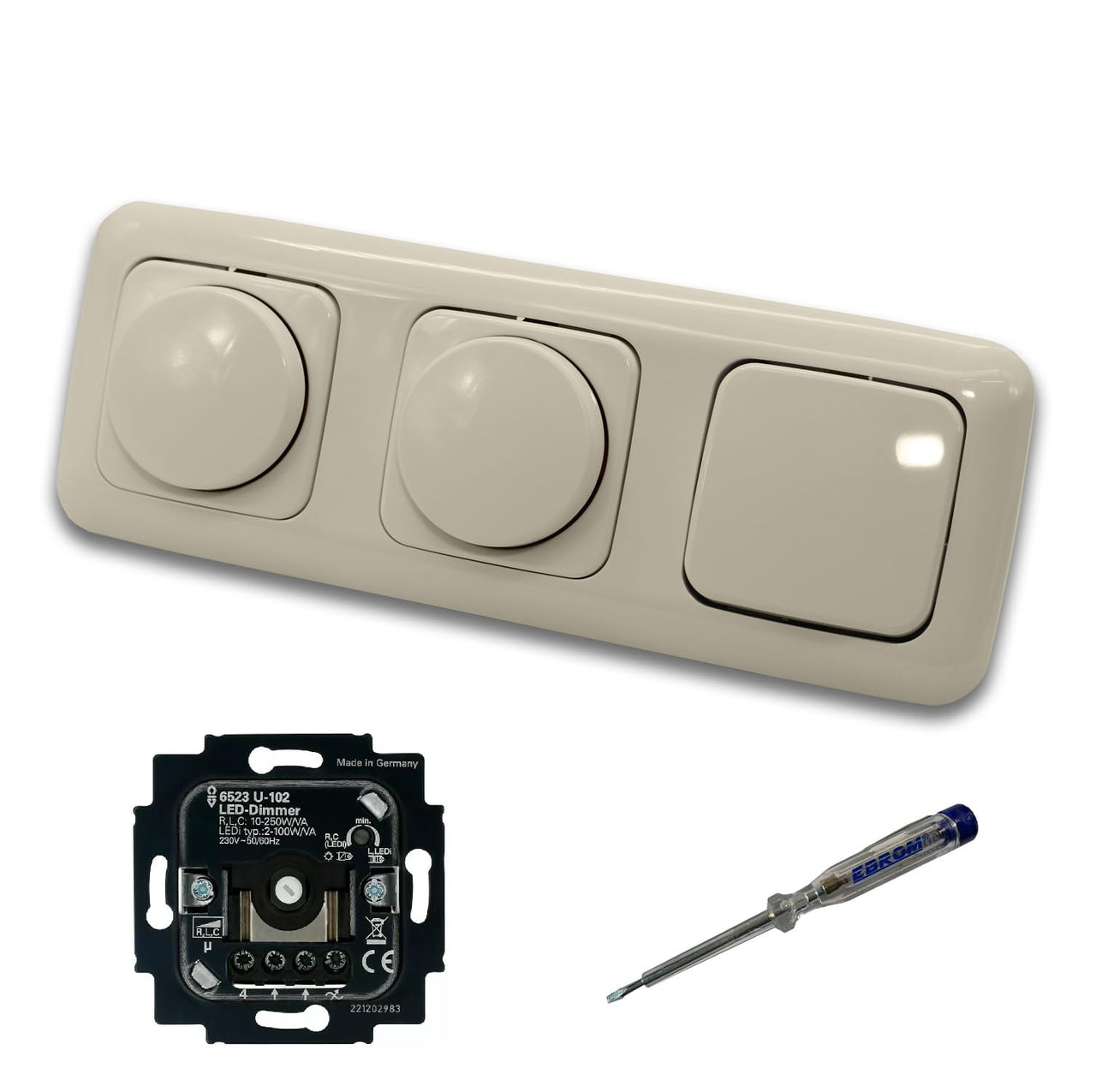 Busch Jäger 6523U-102 (2 x) LED Drehdimmer Dimmer + Dimmerscheiben 2115-212 und Lichtschalter 2000/6 US in DURO2000 cremeweiß glänzend inklusive EBROM Phasenprüfer zur Montage der Geräte 6523 U – 102