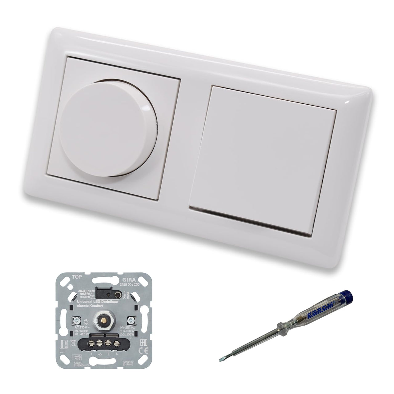 GIRA 245500 LED Drehdimmer Dimmer + Dimmerscheibe Zentralscheibe 065003 und Kreuzschalter 010700 in System55 reinweiß glänzend inklusive EBROM Phasenprüfer zur Montage der Geräte