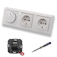 EBROM 1002 Universal PRO LED Drehdimmer Dimmer + Busch Jäger Dimmerscheibe 2115-914 und 2 x Steckdose mit Kinderschutz 20EUCKS-914 in Balance Si alpinweiß glänzend + EBROM Phasenprüfer z. Montage