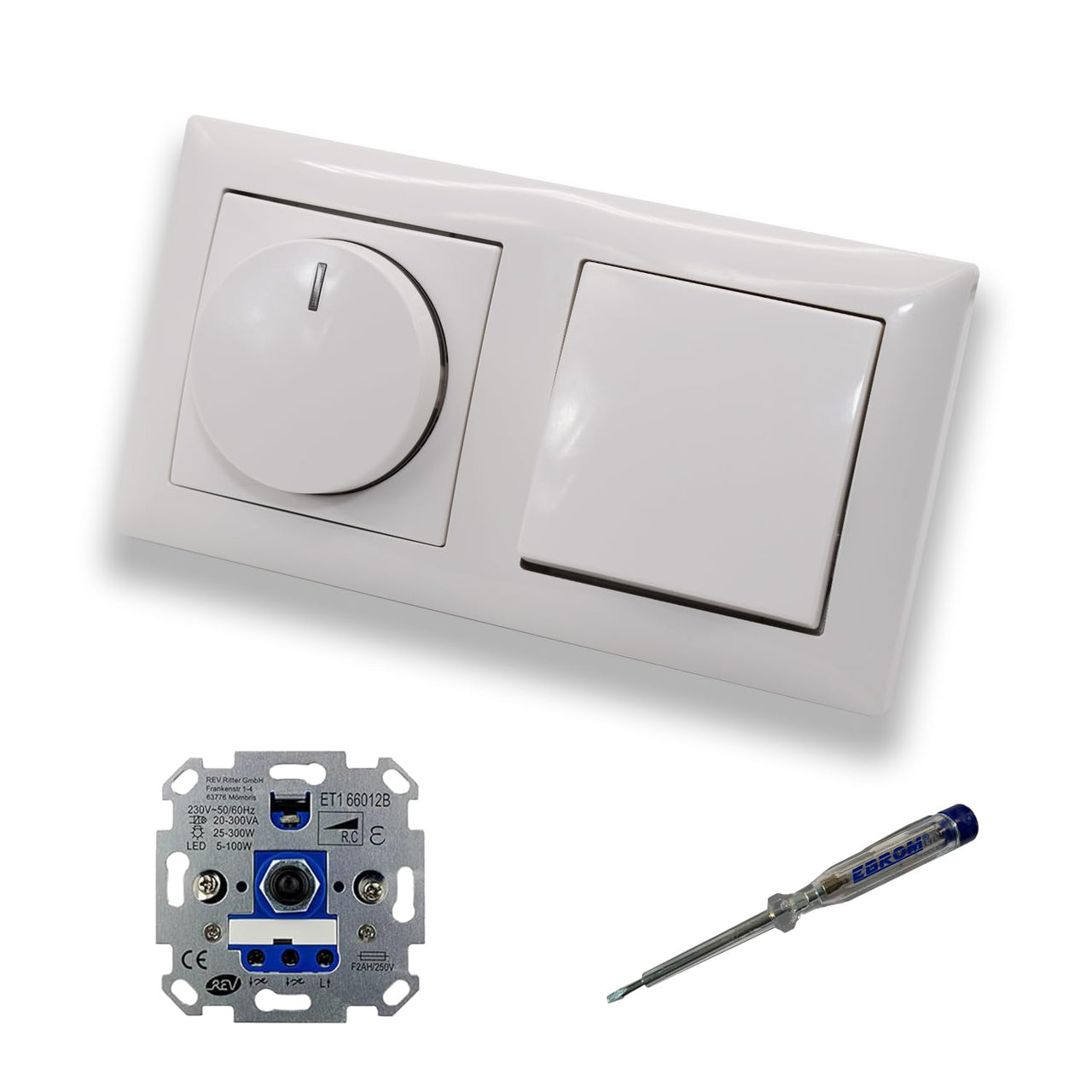 REV Ritter LED Drehdimmer Dimmer + Busch Jäger Dimmerscheibe 2115-914 und Lichttaster 2020 US in Balance Si alpinweiß glänzend inklusive EBROM Phasenprüfer zur Montage der Geräte ET1 66012B