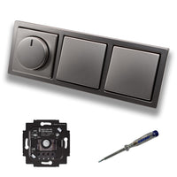 Busch Jäger 6523UR-103 LED Drehdimmer Dimmer + Dimmerscheibe 6540-866-102 und 2 x Lichtschalter 2000/6 US in PUR Edelstahl inklusive EBROM Phasenprüfer zur Montage der Geräte 6523 UR-103