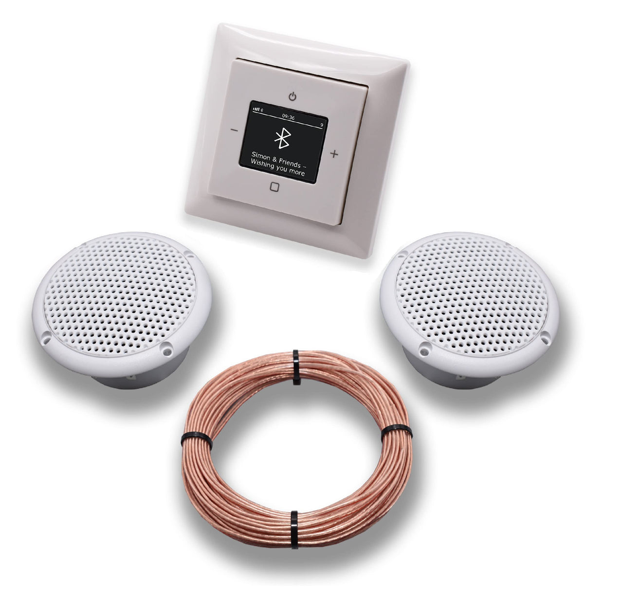 Busch Jäger DAB+ Unterputz Bluetooth (in and out) Radio 8217U-101 Balance SI Alpinweiß, Komplett-Set mit 2 x Decken Feuchtraumlautsprecher/Badezimmer + 20 m Lautsprecherkabel 2x0,75 mm2 8217 U - 101