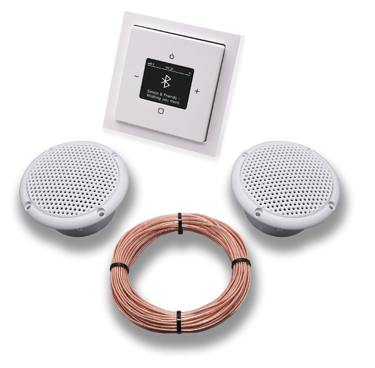 Busch Jäger DAB+ Bluetooth Unterputz Unterputzradio DAB BT 8217 U – 101 studioweiß Komplettset Future Linear, 2 x Deckenlautsprecher Feuchtraum Badezimmer + 20 m Lautsprecherkabel 2x0,75 mm² 8217U-101