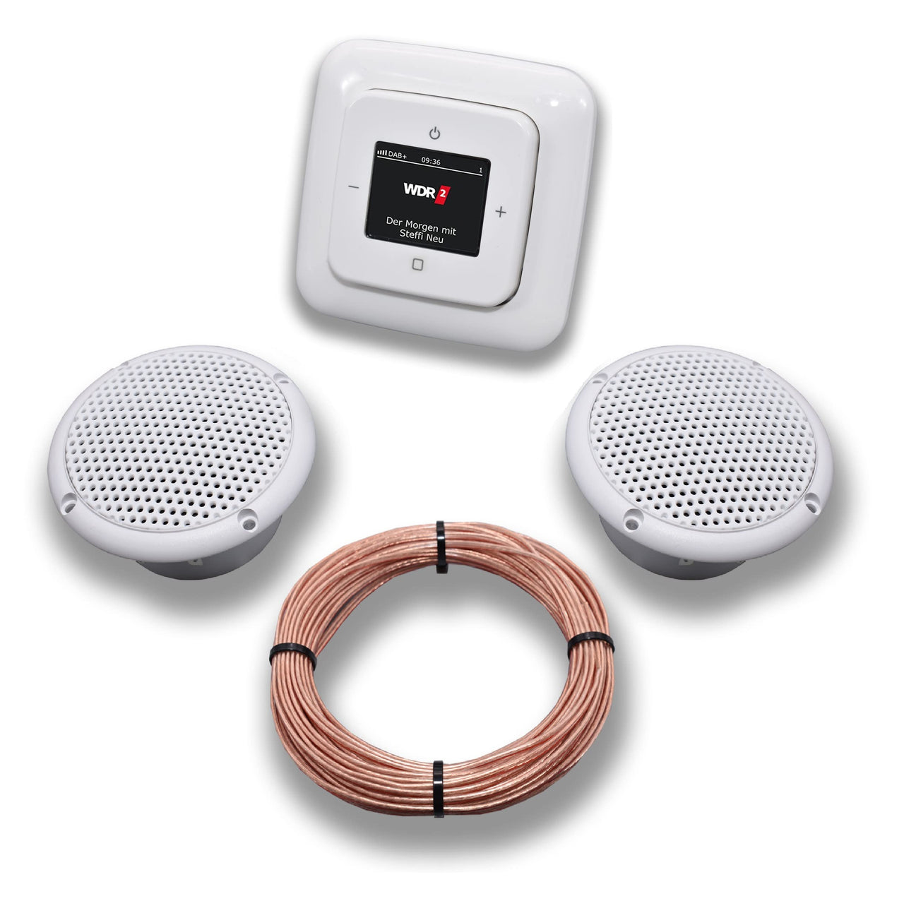 Busch Jäger DAB+ (DAB PLUS) Unterputz Radio 8215U-101 Reflex SI alpinweiß, Komplett-Set mit 2 x Decken Feuchtraumlautsprecher/Badezimmer + 20 m Lautsprecherkabel 2x0,75 mm2 8215 U - 101