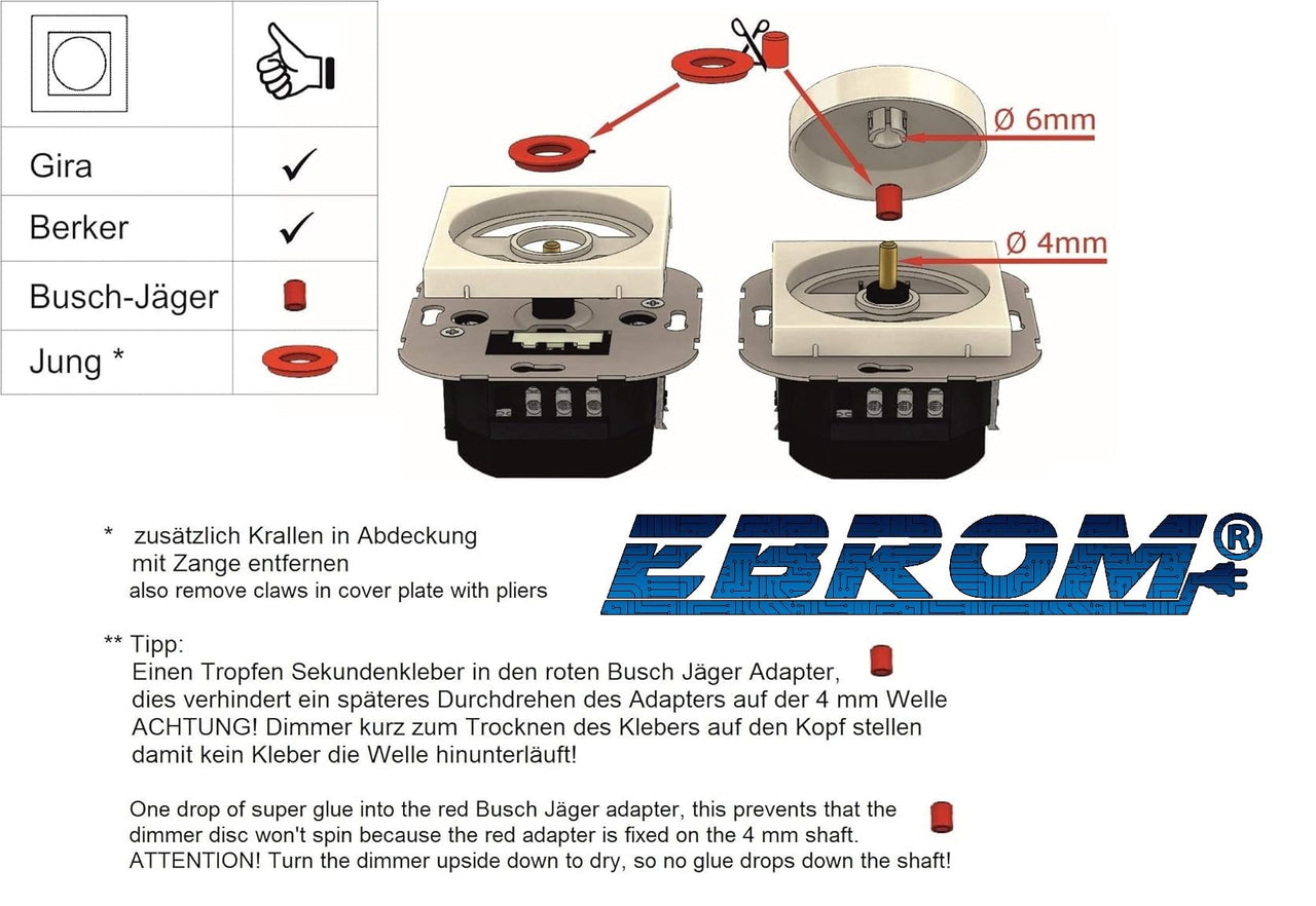 EBROM 1001 LED Drehdimmer Dimmer + Busch Jäger Dimmerscheibe 2115-914 und Steckdose mit Kinderschutz 20EUCKS-914 in Balance Si alpinweiß glänzend inkl. EBROM Phasenprüfer zur Montage der Geräte