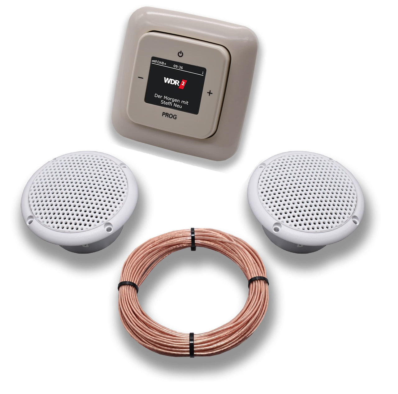 Busch Jäger DAB+ Unterputz Unterputzradio DAB Plus 8215 U – 101 DURO2000 cremeweiß - Komplettset + 2 x Deckenlautsprecher Feuchtraum Badezimmer + 20 Meter Lautsprecherkabel 2x0,75 mm² 8215U-101