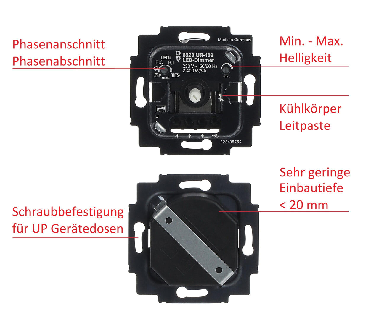 Busch Jäger 6523UR-103 LED Drehdimmer Dimmer + Dimmerscheibe 6540-84-102 und Steckdose 20EUC-84 in Future Linear Studioweiß glänzend inklusive EBROM Phasenprüfer zur Montage der Geräte 6523 UR-103