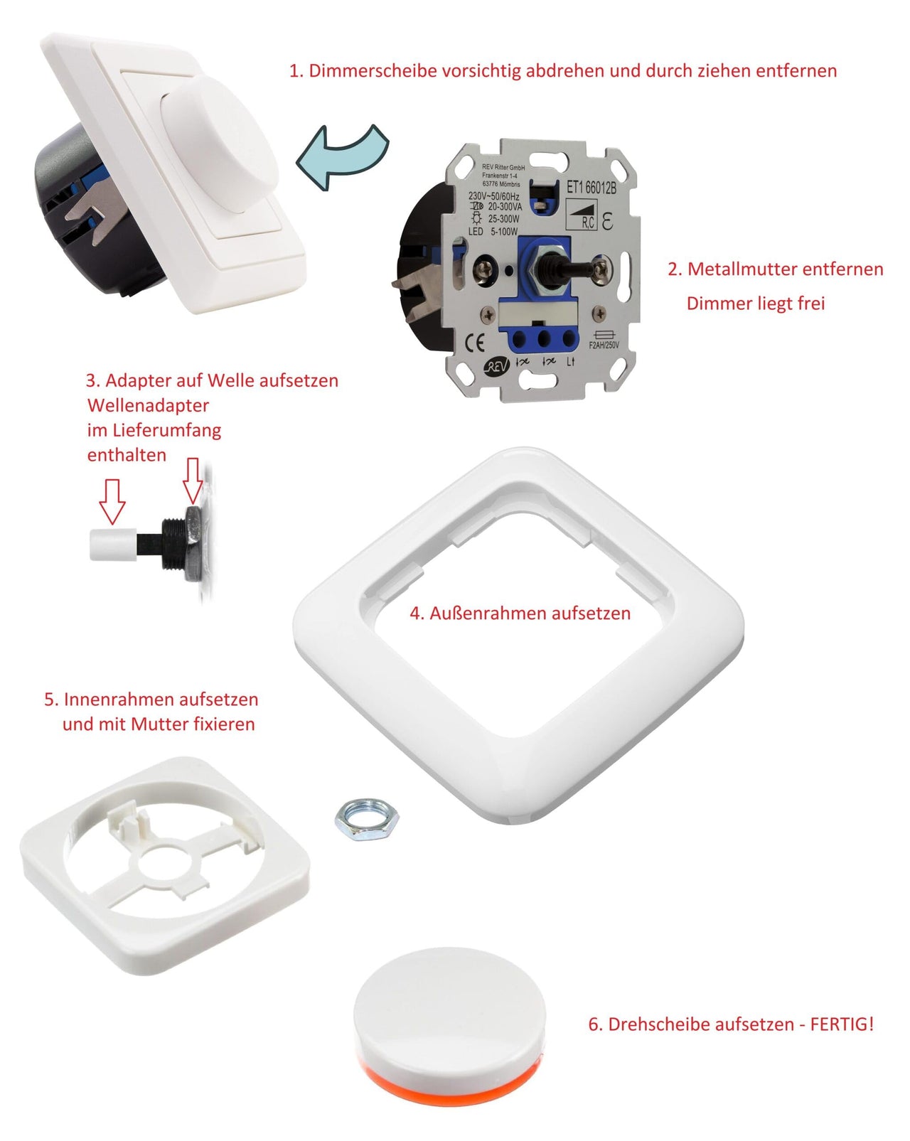 REV Ritter (2 x) LED Drehdimmer Dimmer + Busch Jäger Dimmerscheiben 6540-84-102 und Steckdose Kinderschutz 20EUCKS-84 in Future Linear Studioweiß glänzend + EBROM Phasenprüfer zur Montage der Geräte