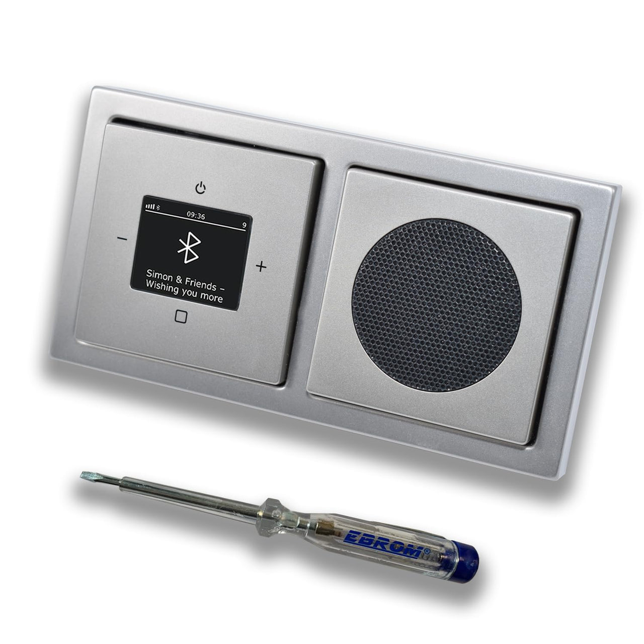 Busch Jäger DAB+ Unterputz Bluetooth (in and out) Radio 8217U-101 PUR Edelstahl, Komplett-Set mit Lautsprecher, Abdeckungen und Rahmen + EBROM Phasenprüfer zur Montage der Geräte - 8217 U – 101