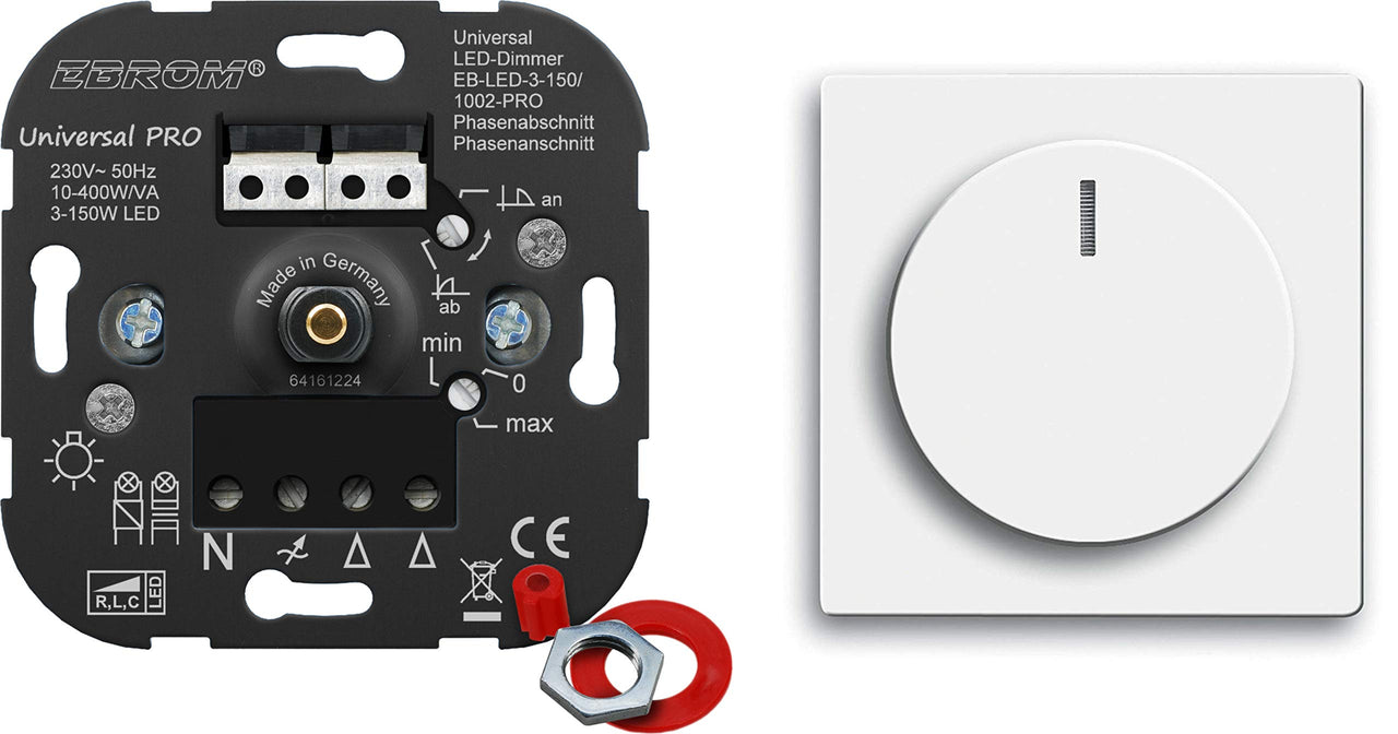 EBROM® Unterputz Universal LED Dimmer Drehdimmer + Busch Jäger Dimmerabdeckung 6540-84-102 Studioweiß glänzend Future Linear, Phasenabschnitt & Phasenanschnitt für LED 3-150 Watt & Halogen 10-400 W/VA