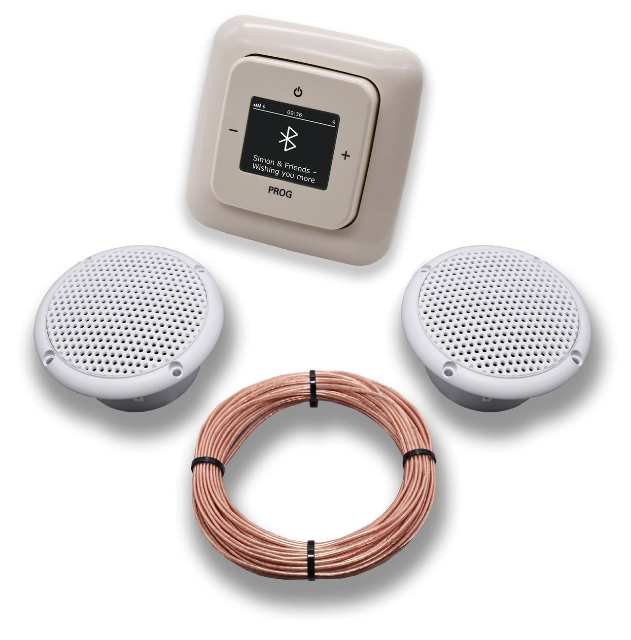 Busch Jäger DAB+ Unterputz Bluetooth (in and out) Radio 8217U-101 DURO2000 cremeweiß, Komplett-Set mit 2 x Decken Feuchtraumlautsprecher/Badezimmer + 20 m Lautsprecherkabel 2x0,75 mm2 8217 U - 101
