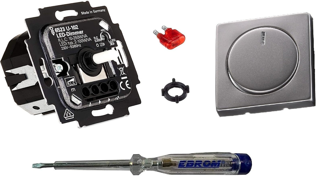 Busch Jäger 6523U-102 LED-Drehdimmer LED-Dimmer mit Dimmerscheibe Zentralplatte 6540-866-102 in PUR Edelstahl Optik inklusive EBROM Phasenprüfer zur Montage des Dimmers (6523 U – 102)