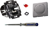 Busch Jäger 6523U-102 LED-Drehdimmer LED-Dimmer mit Dimmerscheibe Zentralplatte 6540-866-102 in PUR Edelstahl Optik inklusive EBROM Phasenprüfer zur Montage des Dimmers (6523 U – 102)