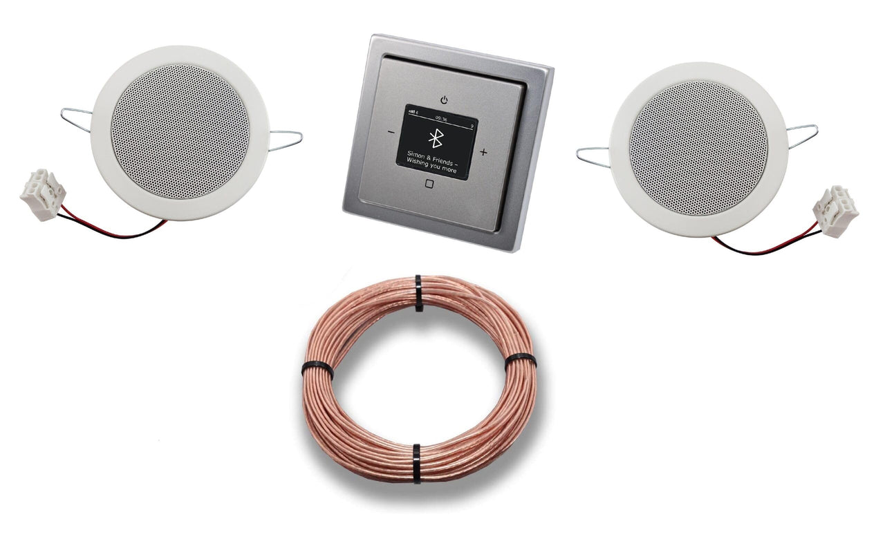 Busch Jäger DAB+ Unterputz Bluetooth (in and out) Radio 8217U-101 PUR Edelstahl, Komplett-Set mit 2 x Deckenlautsprecher Einbaulautsprecher + 20 Meter Lautsprecherkabel 2x0,75 mm2 8217 U - 101