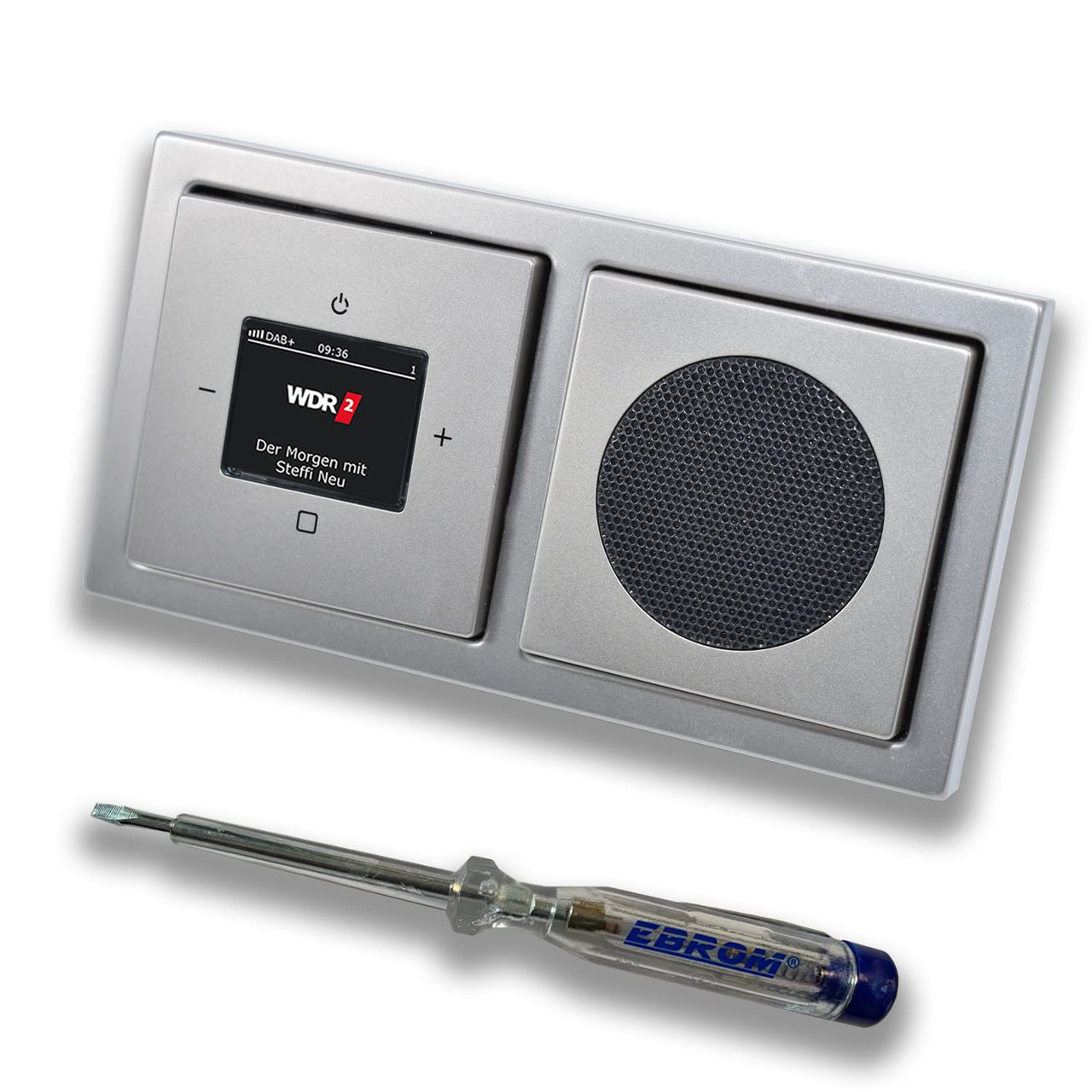 Busch Jäger DAB+ Unterputzradio UP Radio 8215U-101 Komplettset PUR Edelstahl Lautsprecher 2fach Rahmen inkl EBROM Phasenprüfer zur Montage der Geräte