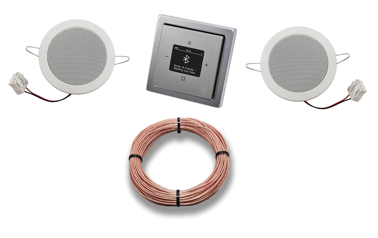 Busch Jäger DAB+ Bluetooth Unterputz Unterputzradio DAB BT 8217 U – 101 Komplett-Set PUR Edelstahl + 2 x Deckenlautsprecher/Einbaulautsprecher + 20 Meter Lautsprecherkabel 2x0,75 mm² 8217U-101